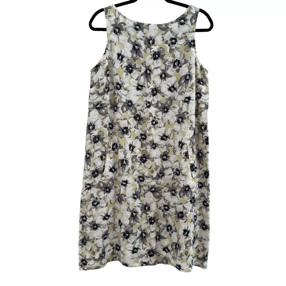 J Jill Love Linen Yellow & Black Sleeveless Floral Dress with Pockets Size S
